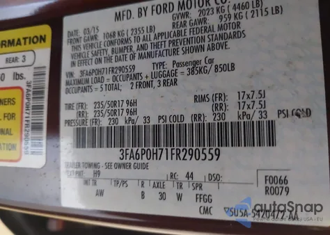 2015 Ford Fusion Se из США, поврежденный, VIN 3FA6P0H71FR290559